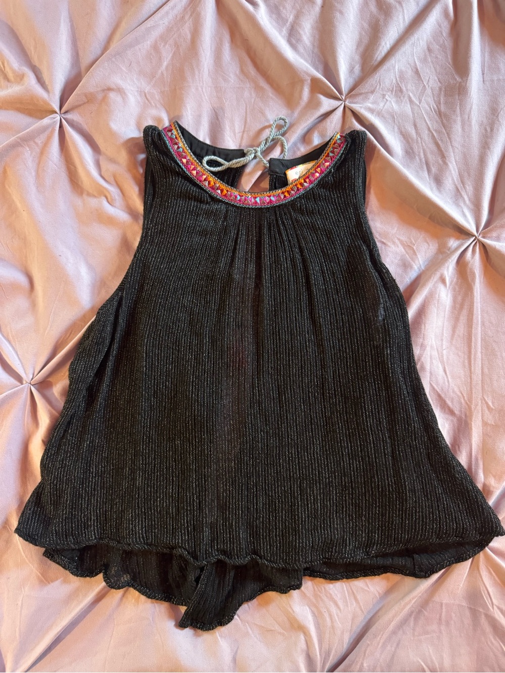 Anthropologie Open Back Semi Sheer Sleeveless Embellished Tie Neck Blouse